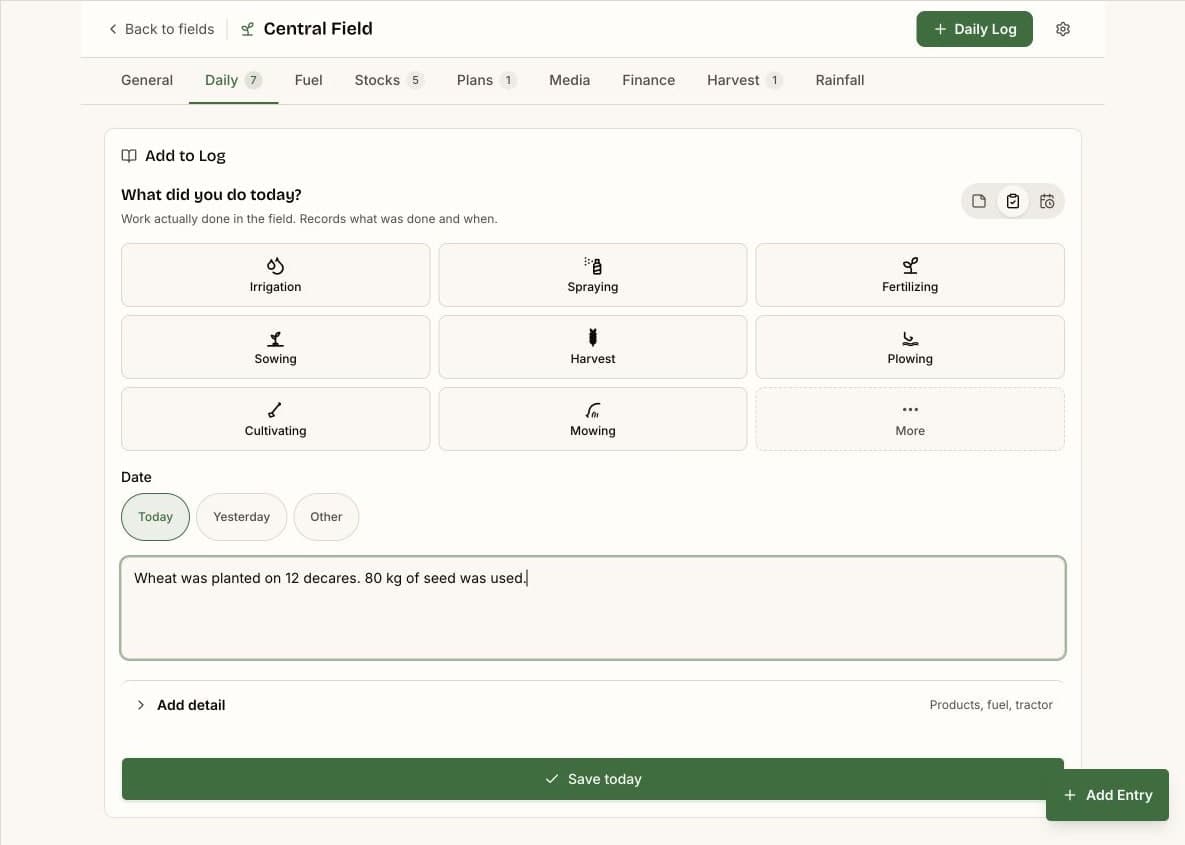 Harmiqa quick entry screen for recording field work and used inputs
